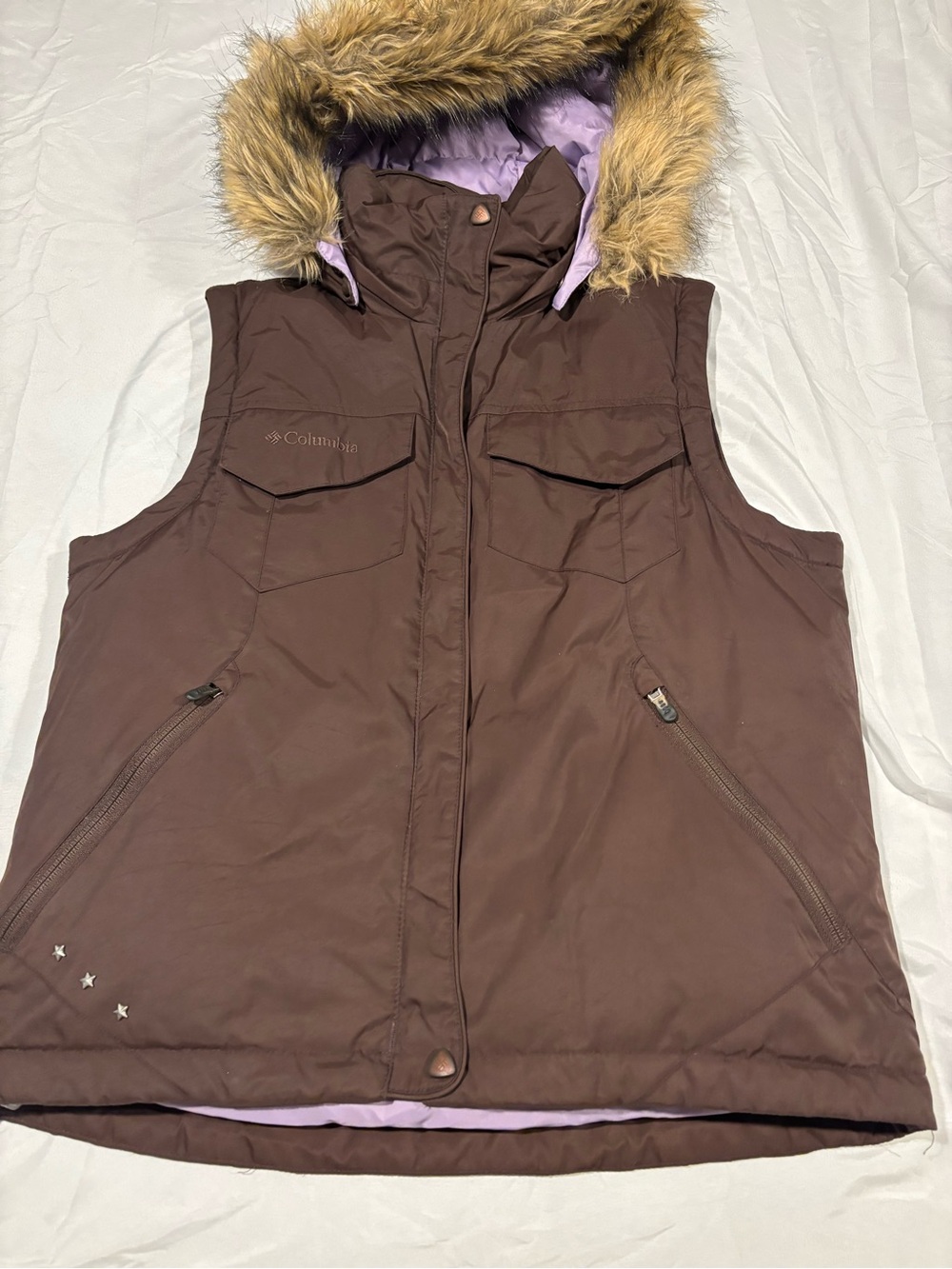 Columbia Women's Hooded Utility Vest Size Medium Brown Fuzzy Hood 3-Stars